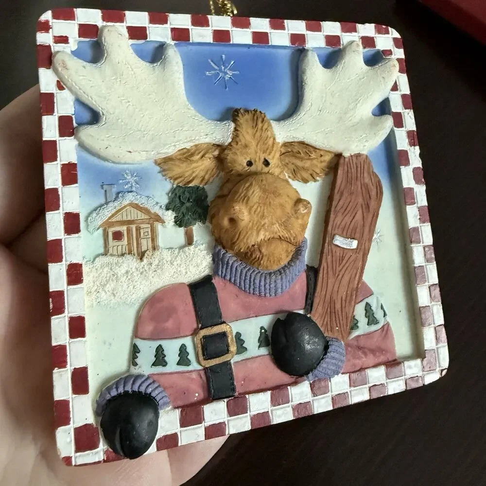 2 VINTAGE CHRISTMAS SKI MOOSE SQUARE ORNAMENT CERAMIC 3.5in Sq